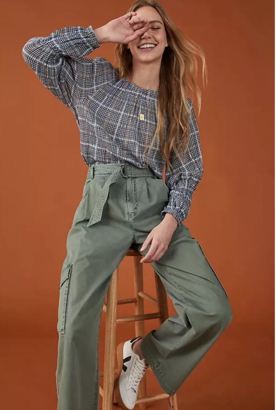 Anthro Pilcro Shari Plaid Smocked Blouse Cottagecore Boho Top Sz M